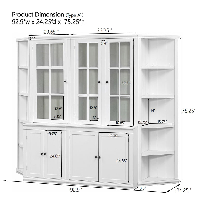 Retro Style Wall Suit With Glass Doors, 75.25" Tall Display Cabinets & Triangle Sided Bookshelves - White