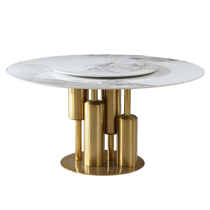 Round Sintered Stone Table, Modern Marble Dining Table (Table Only) - Gold / White