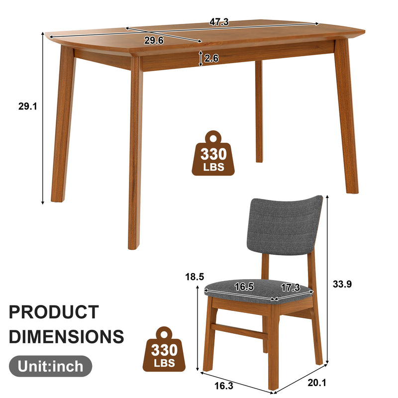 Mid Century Modern Dining Table Set For 4, Solid Wood Dining Table And Solid Wood Chairs, 5 Pieces Farmhouse Dining Table And 4 Upholstered Chairs - Brown / Gray
