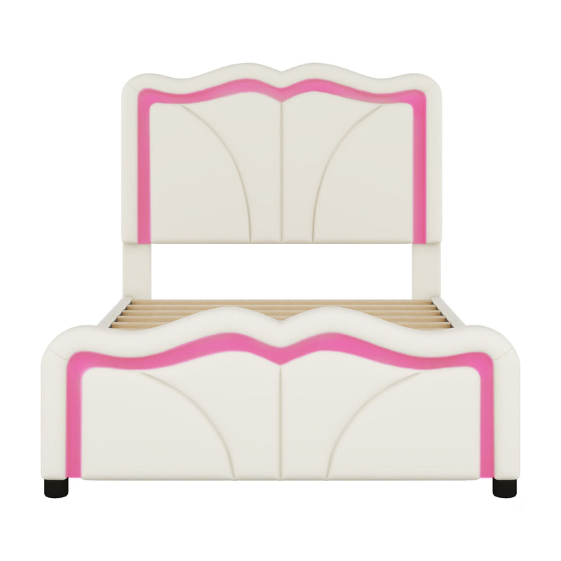 Upholstered Platform Bed & Curve Shaped And Height Adjustable Headboard, LED Light Strips