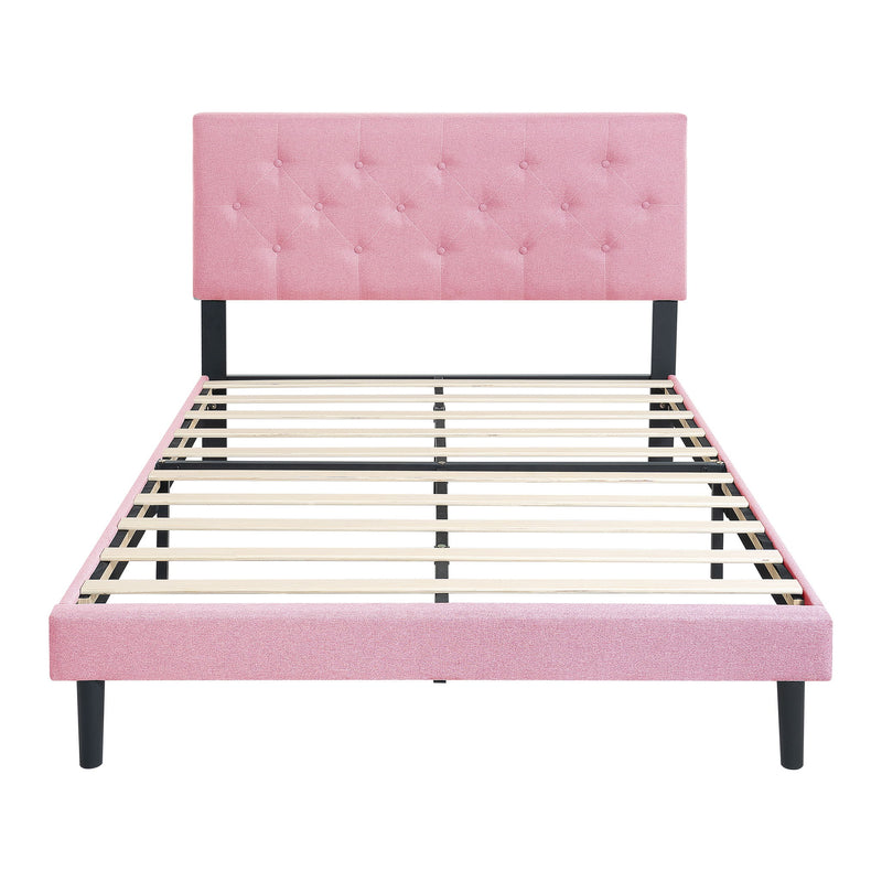 Modern Upholstered Platform Bed Frame With Button Tufted Linen Fabric Headboard
