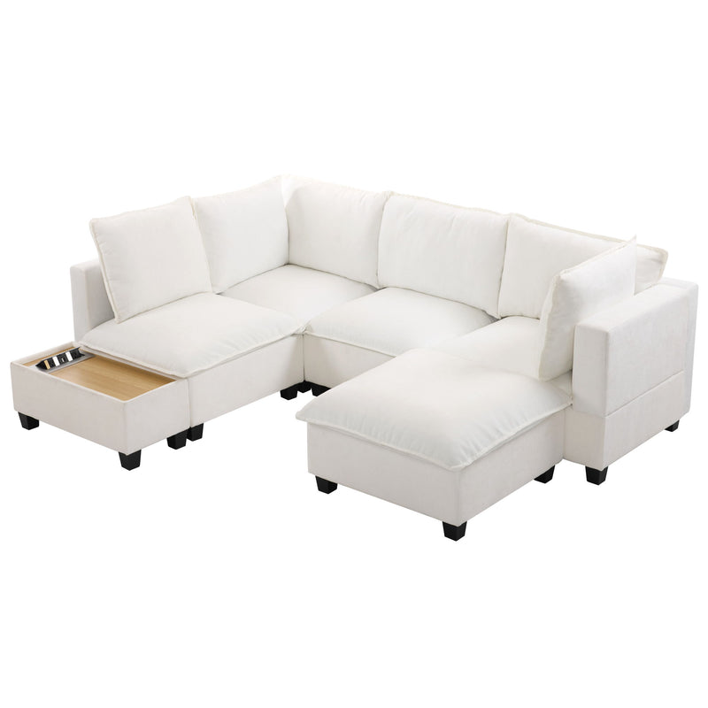 U-Shaped Sectional Modular Sofa With A Movable Ottoman, A Coffee Table With Hidden Charging Devices For Living Room