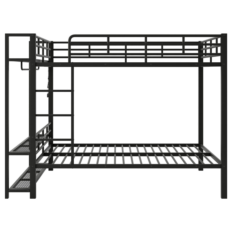 Bunk Bed With Storage Mesh Shelves, Clothes Hooks, LED Light