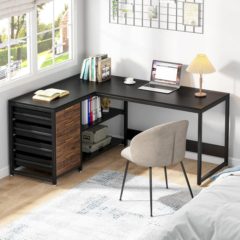 L-Shaped Computer Desk With Drawers And Shelves, Workstation For Home Office
