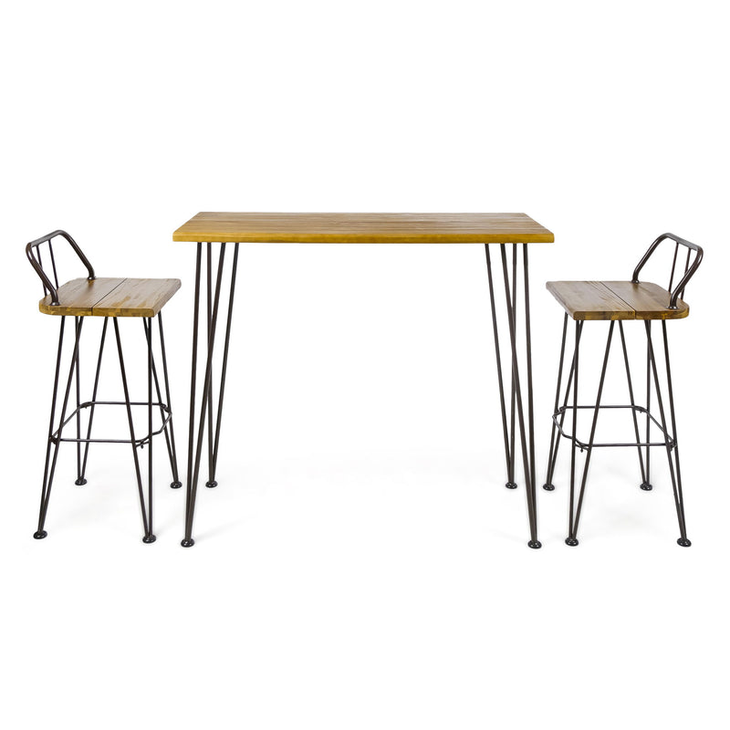 Dione Outdoor Industrial Acacia Wood Bar Set With Metal Frame And Slat Paneling - Brown