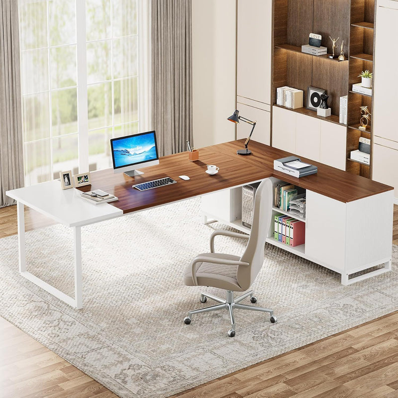 L-Shaped Executive Desk With File Cabinet, Large Workspace For Home Office - White / Walnut