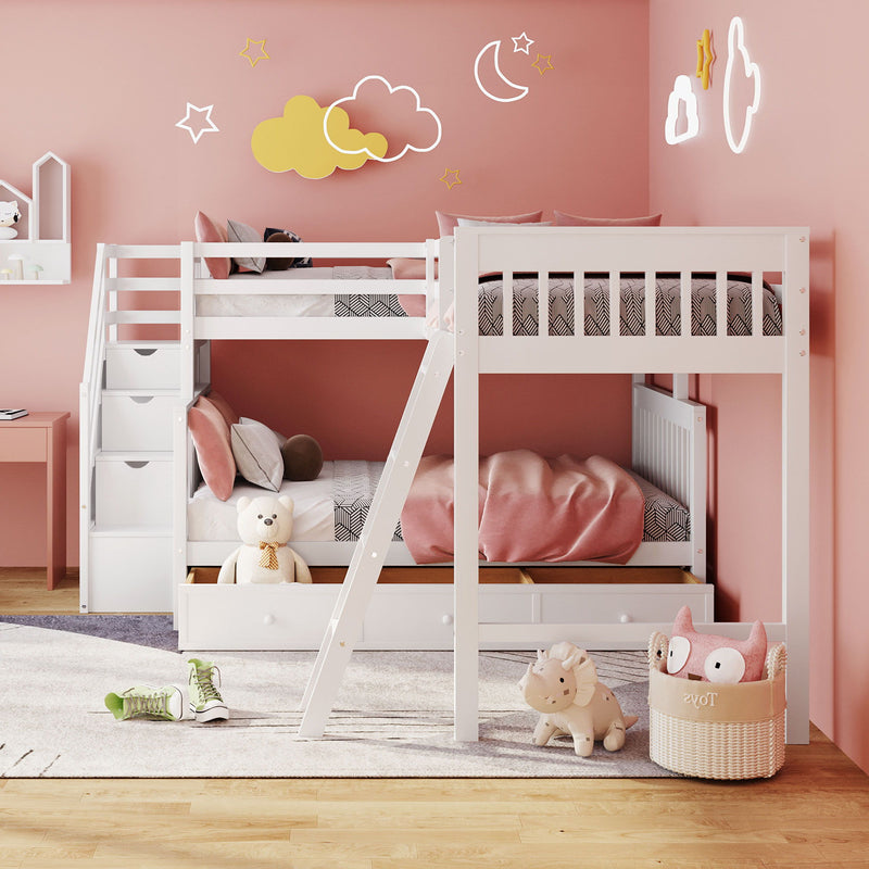 Solid L Shaped Bunk Bed With 3 Drawers, Ladder And Staircase