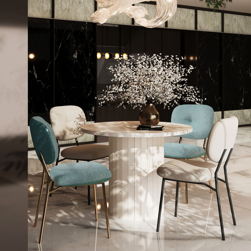 Modern 4 Person Dining Set With Bamboo & Table And Turquoise & Chairs Metal Legs, Space Saving Design - White