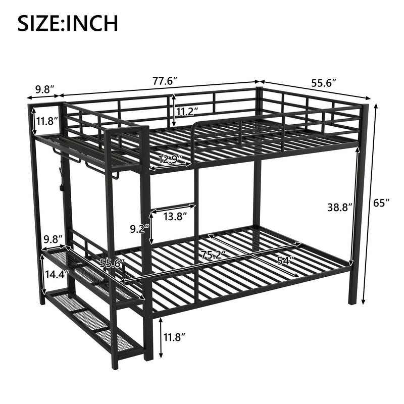Bunk Bed With Storage Mesh Shelves, Clothes Hooks, LED Light