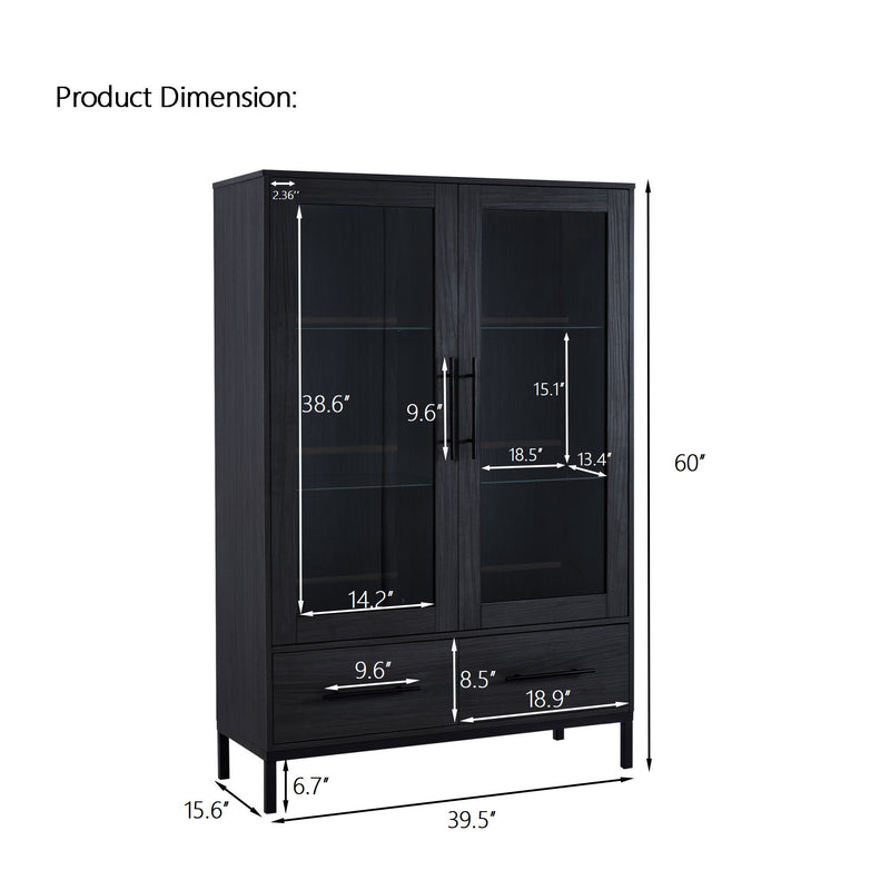 Modern Style Tall Display Cabinet With LED Lighting, Tempered Glass Door, 2 Drawers