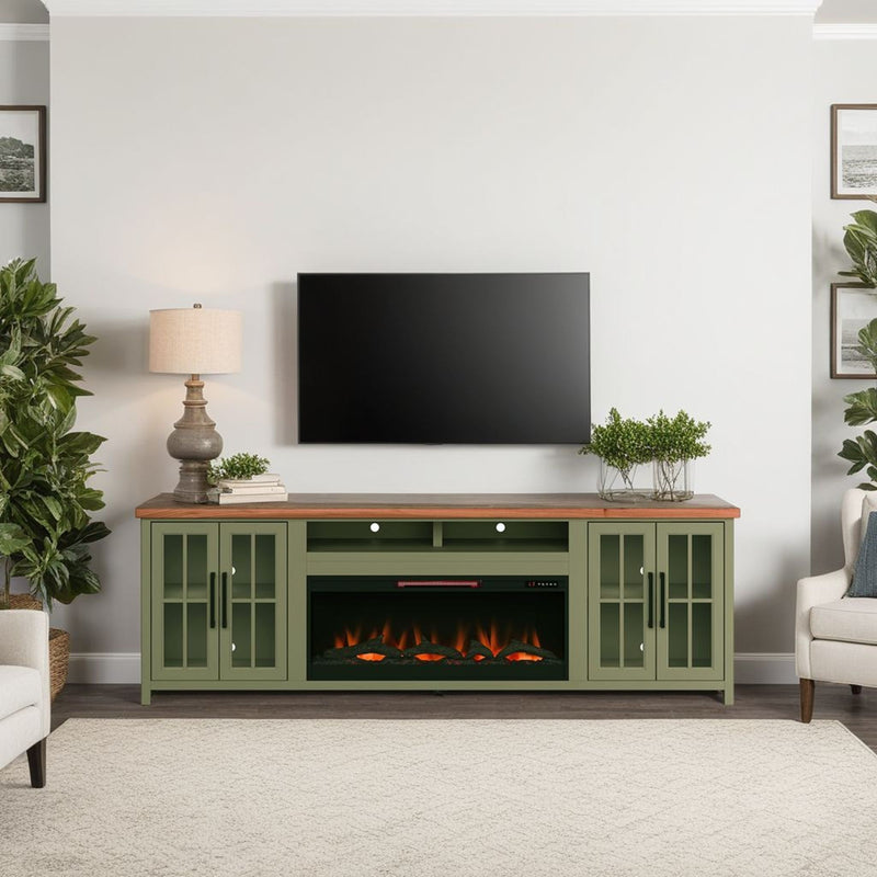 97" Fireplace TV Stand Console For TVs Up To 100" - Sage Green And Fruitwood Finish