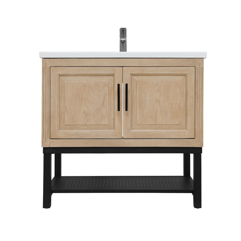 Modern Freestanding Bathroom Vanity With Ceramic Sink, Hot And Cold Faucet, Storage Cabinet & Open Shelf