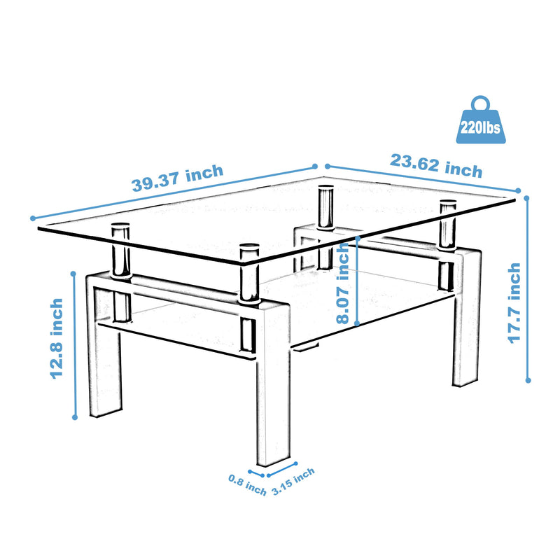 Modern Rectangular Coffee Table With Tempered Glass Top