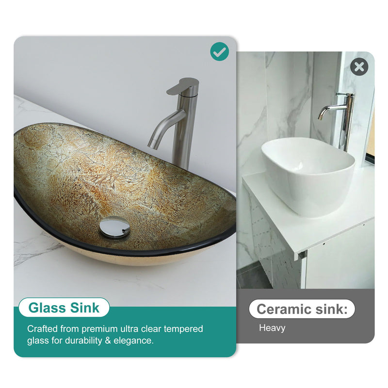 Tempered Glass Vessel Sink With Boat Shape Pop-Up Drain
