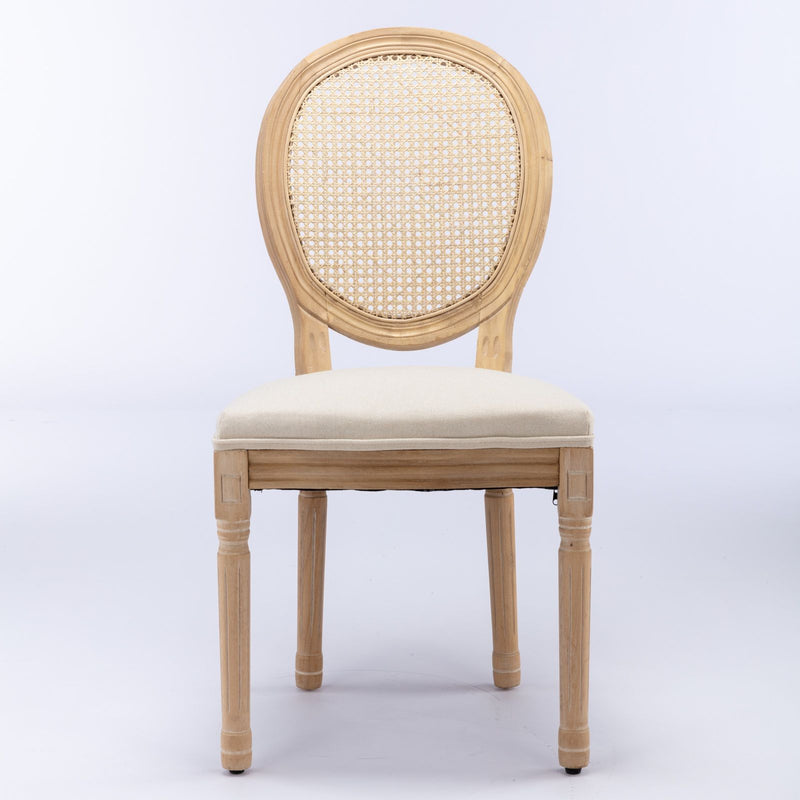 French Style Solid Wood Frame Antique Painting Fabric Rattan Back Dining Chair (Set of 2)