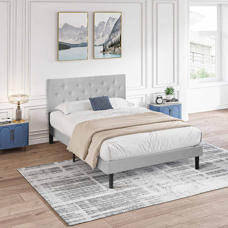 Modern Upholstered Platform Bed Frame With Button Tufted Linen Fabric Headboard