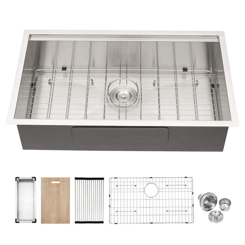 33" Undermount Kitchen Sink Single Bowl Stainless Steel Ledge Workstation In Brushed Nickel, 16 Gauge 304 Stainless Steel, 33 X 19 X 9 Inch