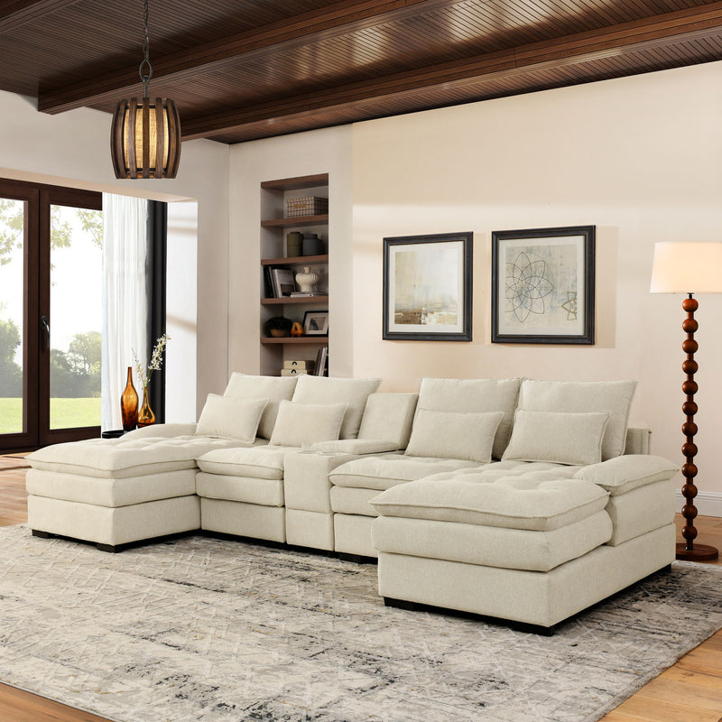 Contemporary U Shaped Sofa With Console And Cupholders