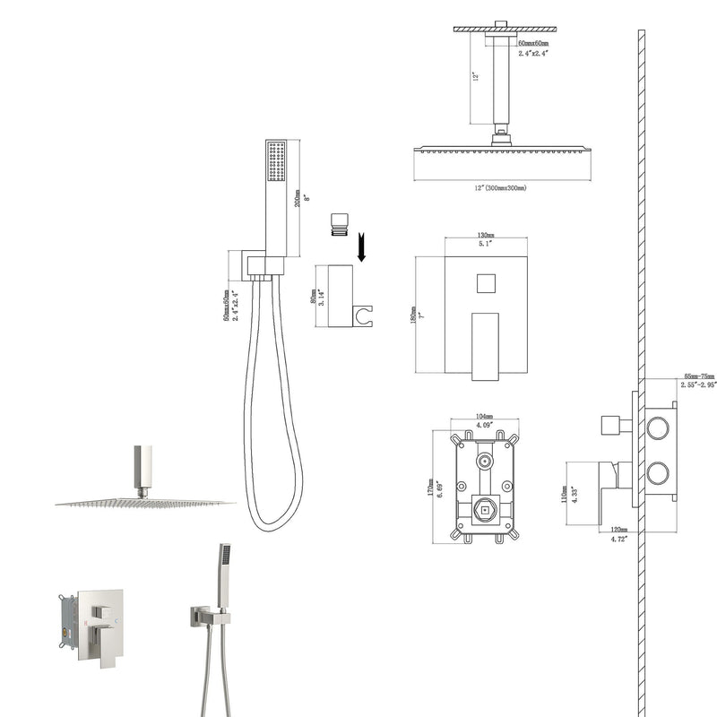 Dual Shower Head System With 12" Square Rain Shower And Rough In Valve