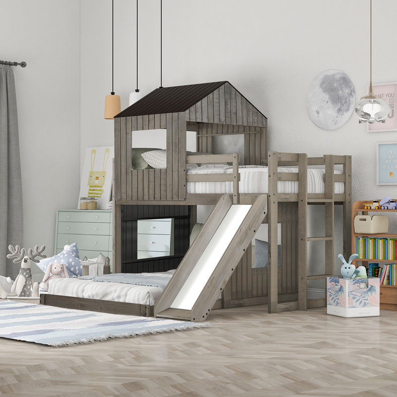 Loft Bunk Bed With Playhouse, Farmhouse, Ladder, Slide And Guardrails