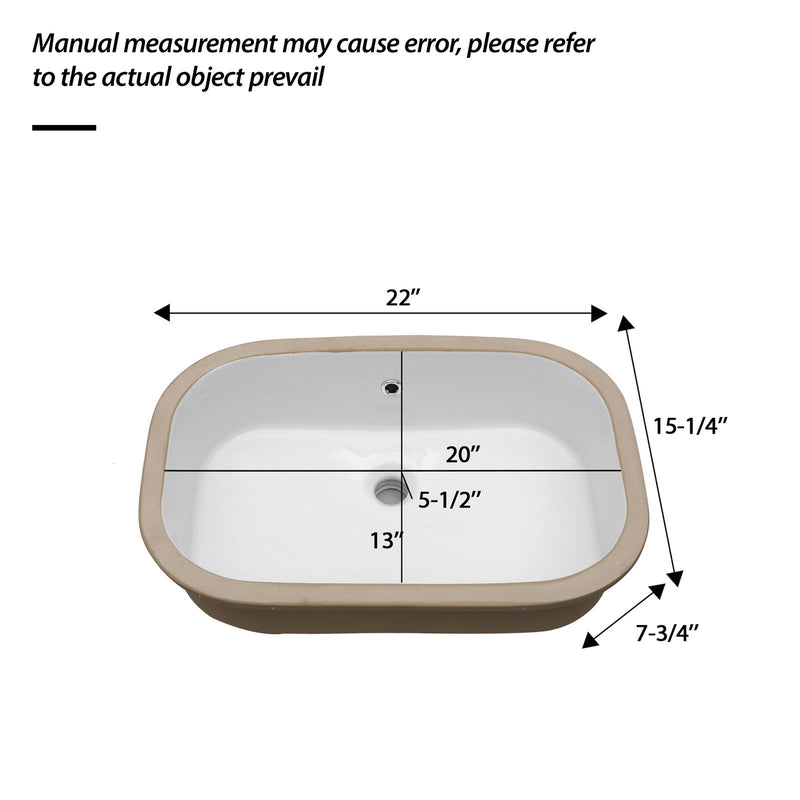 Undermount Bathroom Sink 22" X 15.25" With Overflow Sleek, High Temperature Fired, Stain Resistant, Smooth Polished Surface - White
