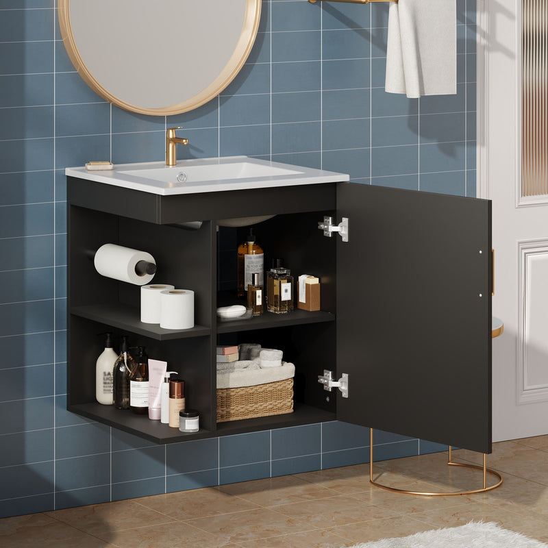 Modern Wall Mounted Bathroom Cabinet With Side Shelf And Ceramic Sink
