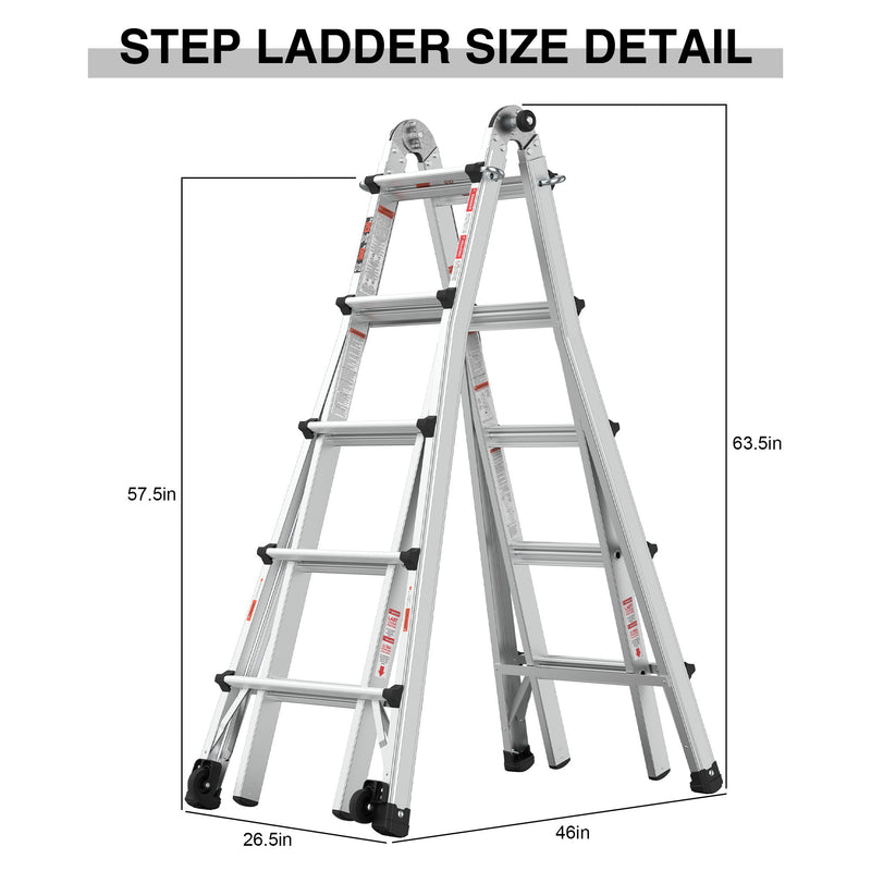 22' Aluminum Multi-Position Ladder With Wheels, 300 Lbs Weight Rating - Metallic Gray