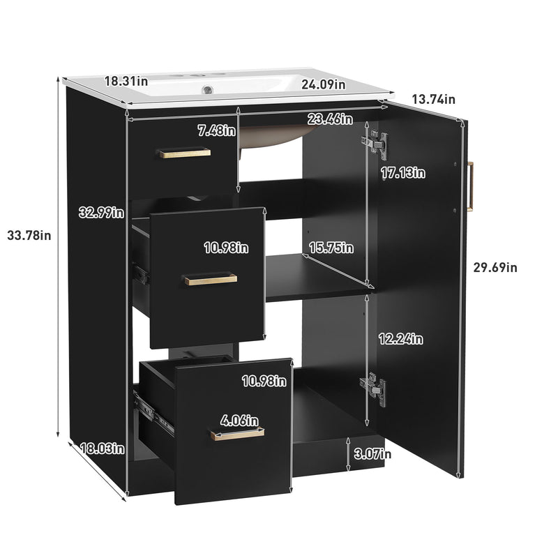 Bathroom Vanity With Sink, Compact Cabinet With 2 Drawers And Soft-Closing Door, Under-Mount Basin - Black