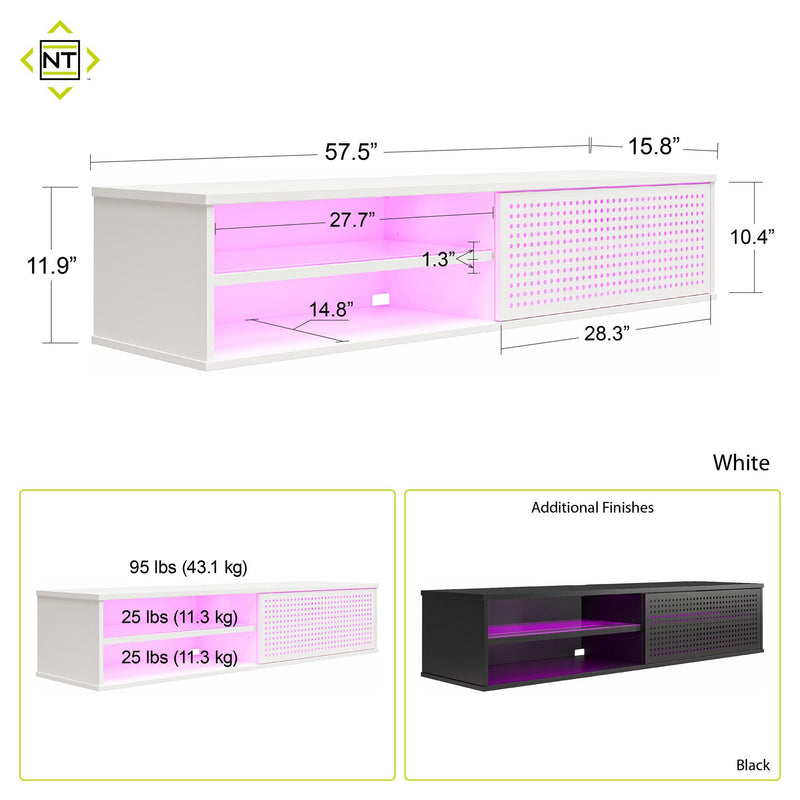 Glitch - Floating TV Stand For TVs Up To 60" With RGB Lighting And Sliding Door - White