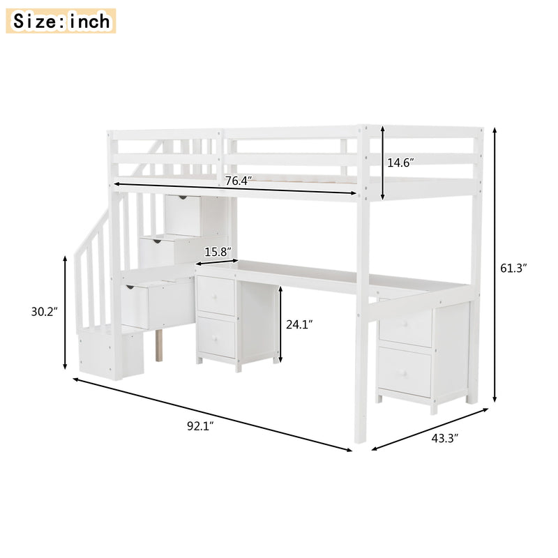 Loft Bed Frame With Built In Desk And Double Storage Drawers