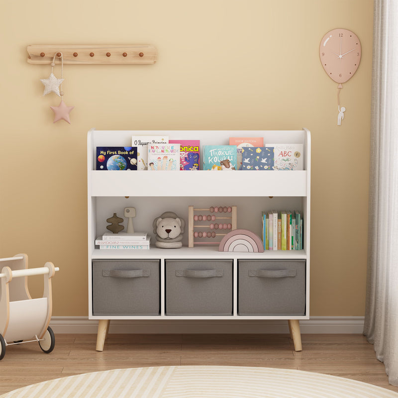 Bookshelf With 3 Bins, Storage Shelf For Toys And Books - White