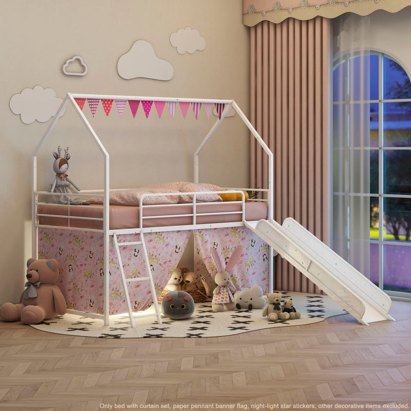Jack - House Loft Bed With Slide And Curtain Set