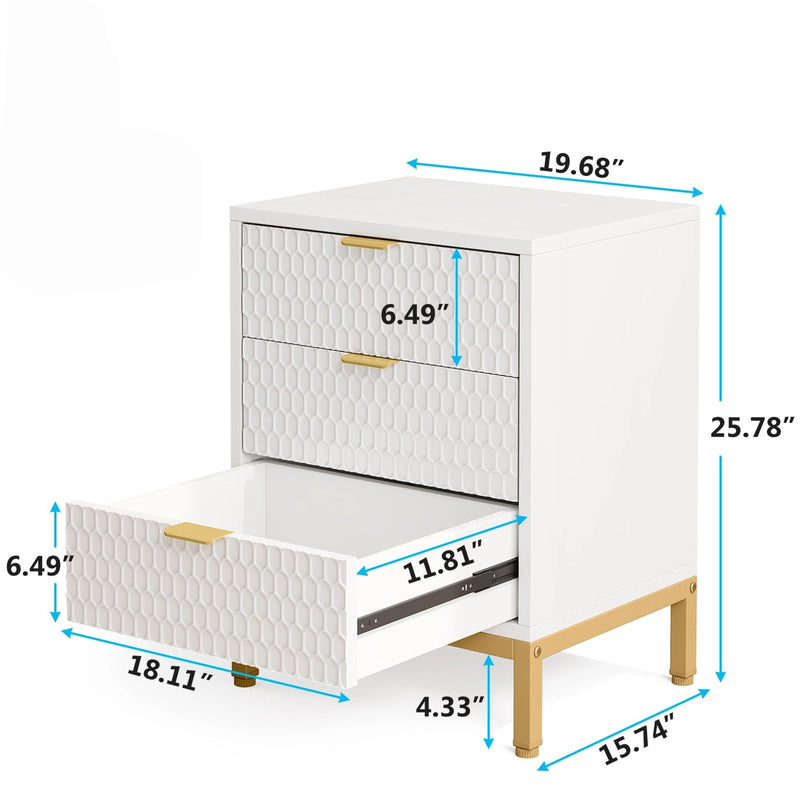 3 Drawer Nightstand With Hexagon Pattern, Storage Table For Living - White