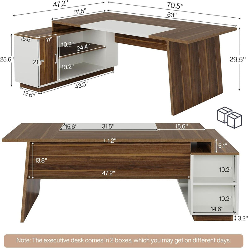 L-Shaped Executive Desk With Storage Cabinet And Shelves For Home Office - White / Walnut