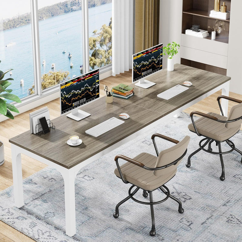 Extra Long 2 Person Computer Desk With, Collaborative Workstation For Home Office - White / Oak