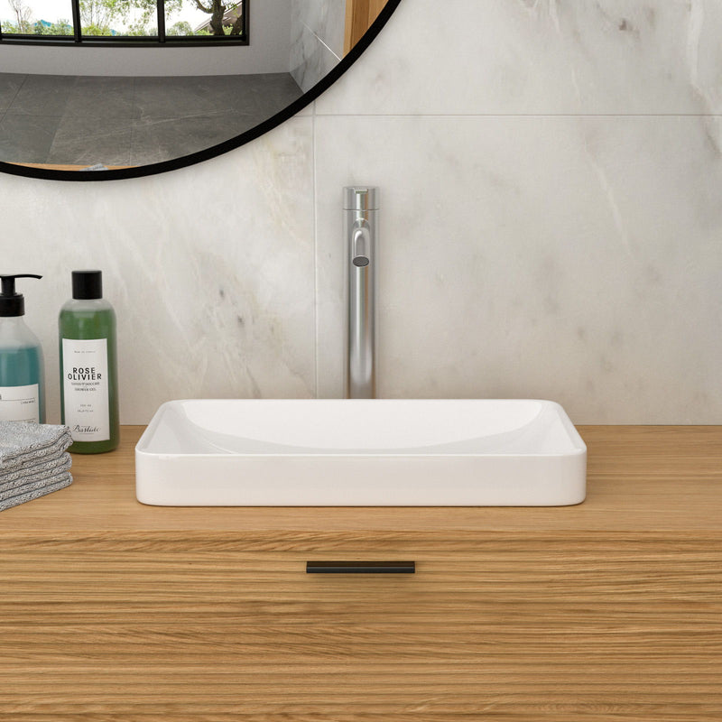 Semi Recessed Bathroom Sink With Countertop Vessel Design, 19" X 12" - White