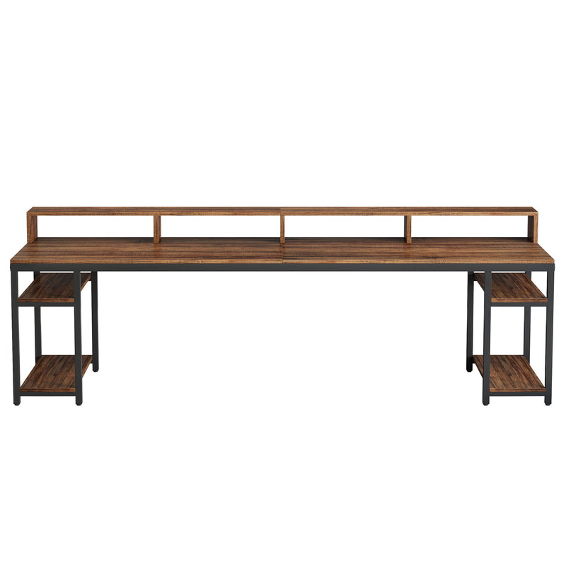 2 Person Desk With Monitor Stand, Long Office Workstation With Dual Storage Shelves And Frame - Brown / Black