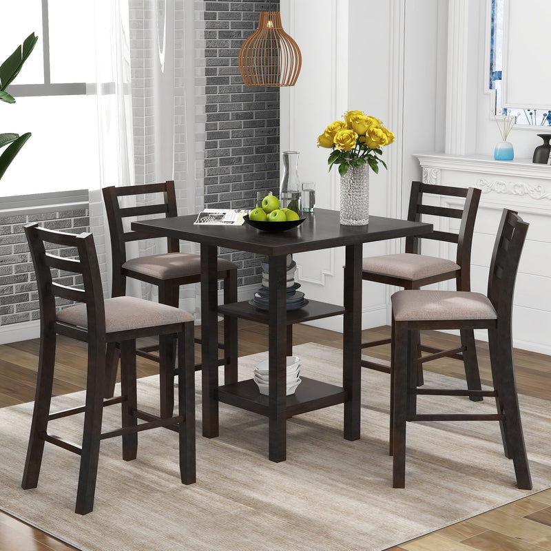 5 Piece Wooden Counter Height Dining Set With Padded Chairs, Storage Shelving