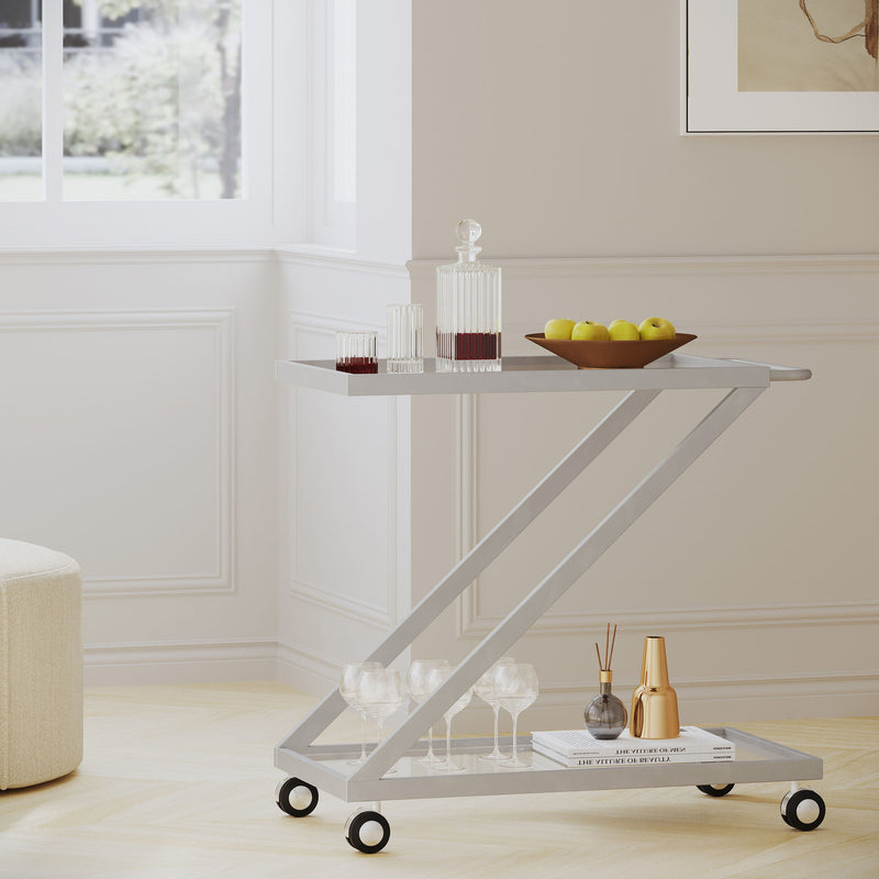 Modern Z Shaped Bar Cart With Tempered Glass Shelves - Silver
