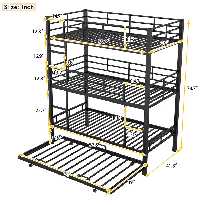 Triple Bunk Bed With Trundle, Heavy Duty Steel Construction