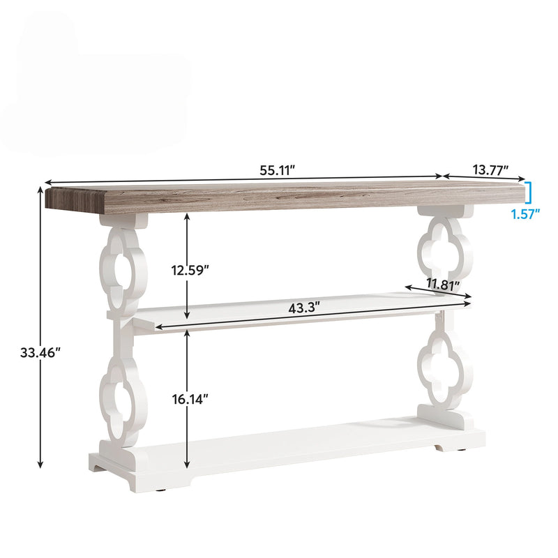Console Sofa Table With 3 Shelves, Floral Carved Accent - Gray / White