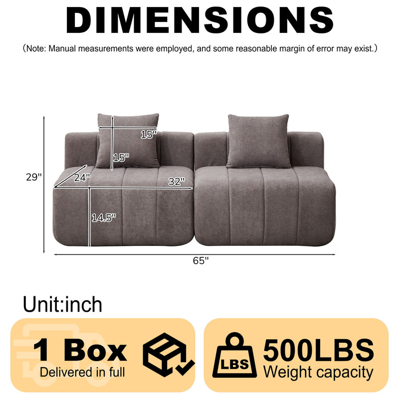 Modular Sectional Sofa With 2 Pillows, Symmetrical Design