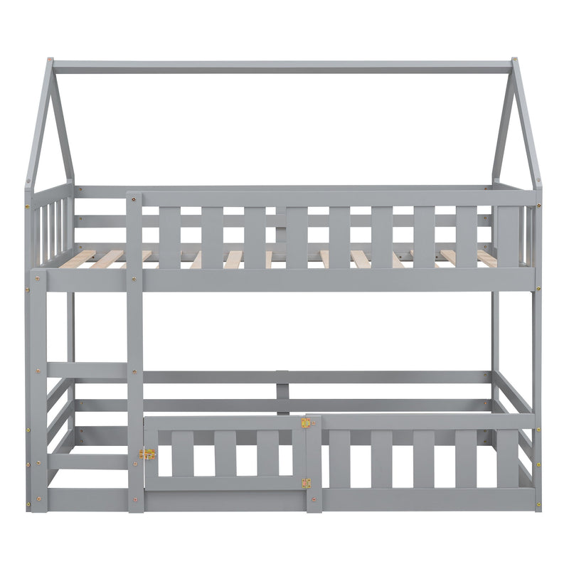 Twin Over Twin House Bunk Bed With Fence And Door