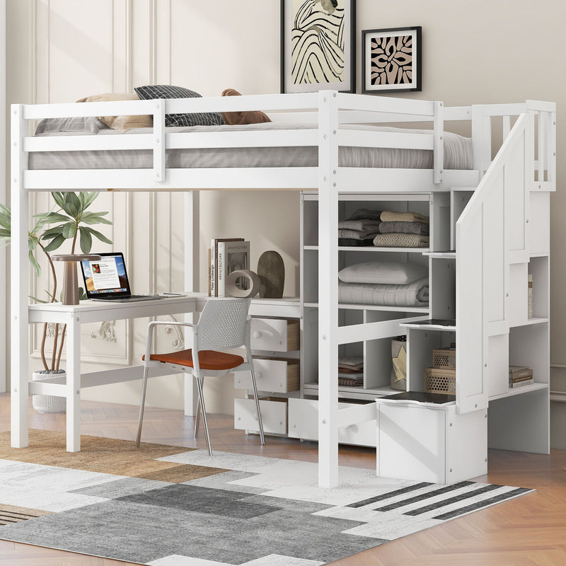 Loft Bed & L Shaped Desk, Drawers, Cabinet, And Storage Staircase