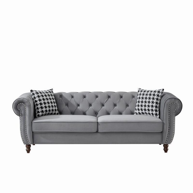 Chesterfield Velvet Upholstery Fabric Sofa With Roll Armrest & Nailhead