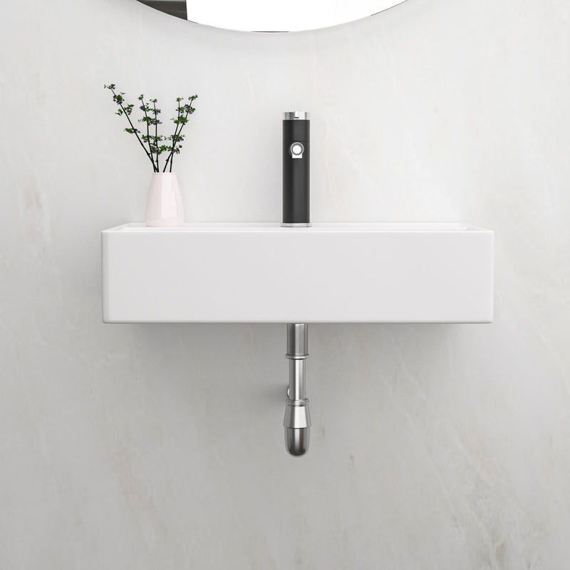 Modern Ceramic Rectangular Wall Mounted Bathroom Sink With Faucet Hole & Overflow