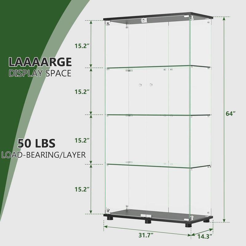 Modern Glass Display Cabinet With 4 Shelf Double Doors And Lock, Tempered Glass Bookshelf For Living Room - Black