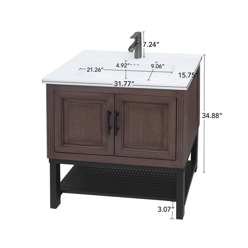 Modern Freestanding Bathroom Vanity With Ceramic Sink, Hot And Cold Faucet, Storage Cabinet & Open Shelf
