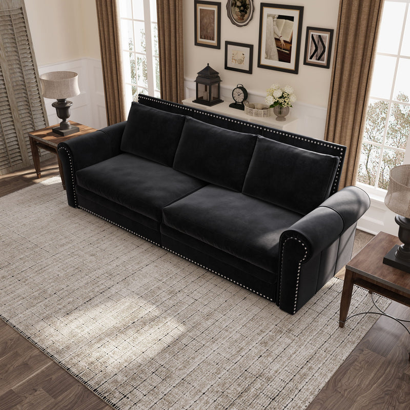 3 In 1 Convertible Sleeper Sofa With Nailhead Trim & Rolled Arm