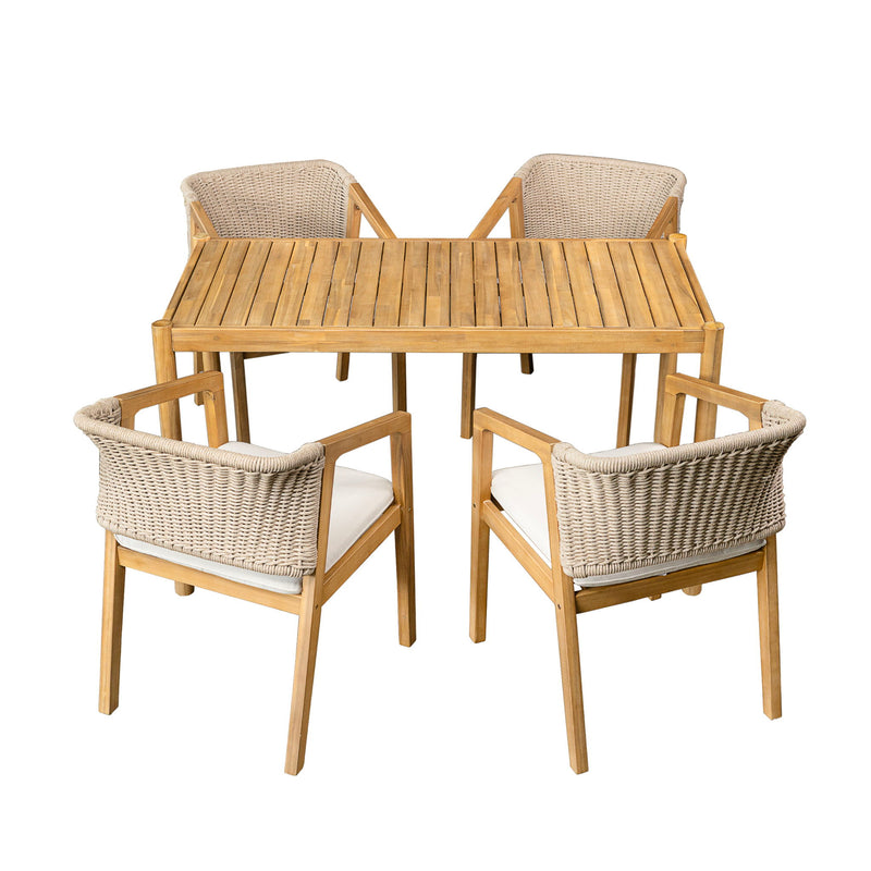 Outdoor Dining Set 1 Table 4 Chairs (Set of 5) - Teak / Beige